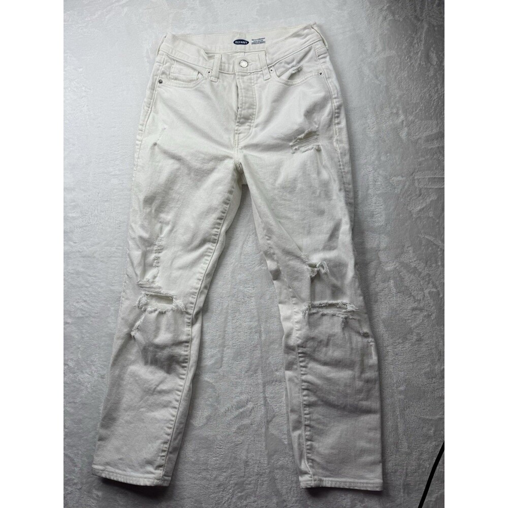 Old Navy Size 4 Womens Jeans White Sky Hi Straight Distress Inseam 26 Button Fly